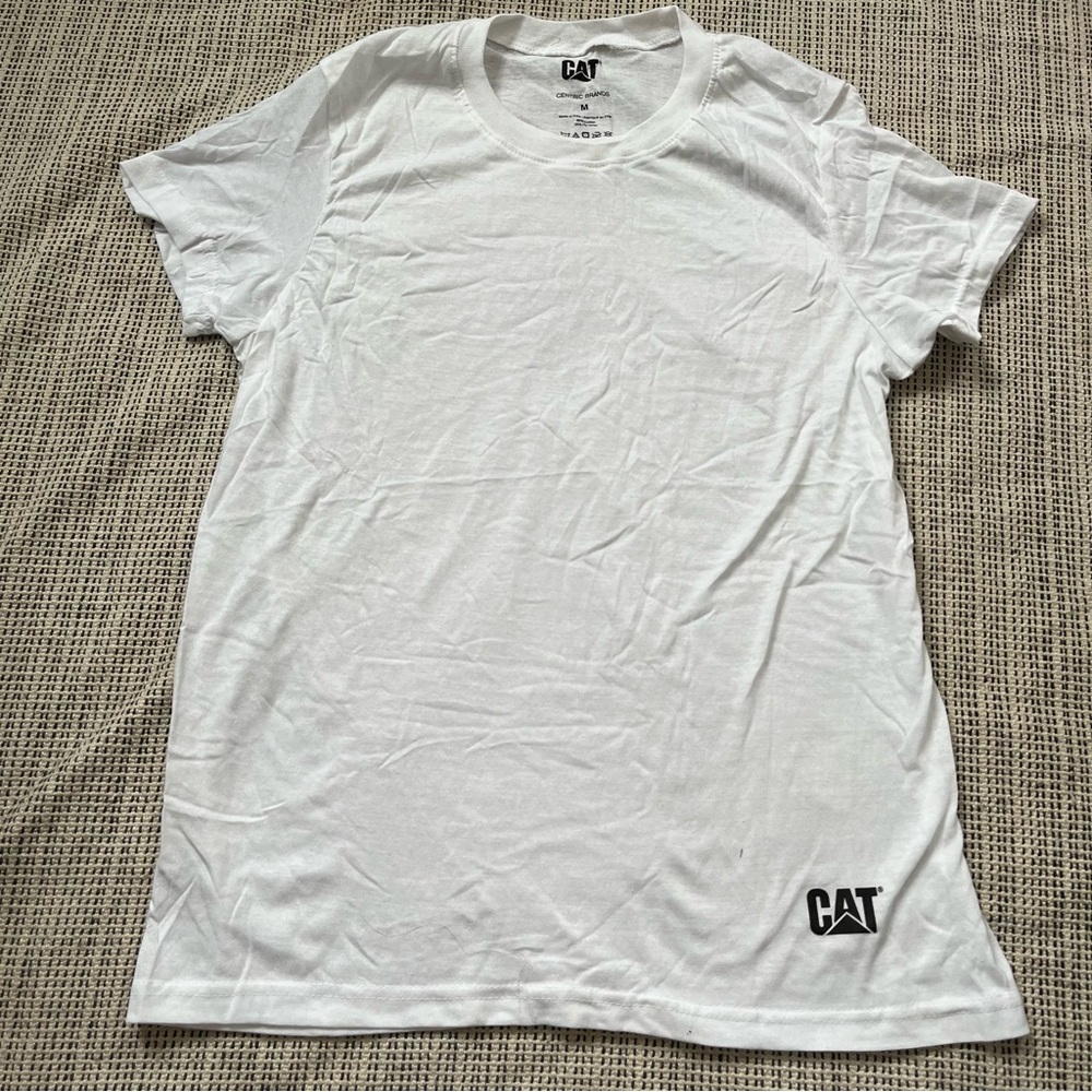 CAT White Crewneck short Sleeve Basic T shirt Size Medium
